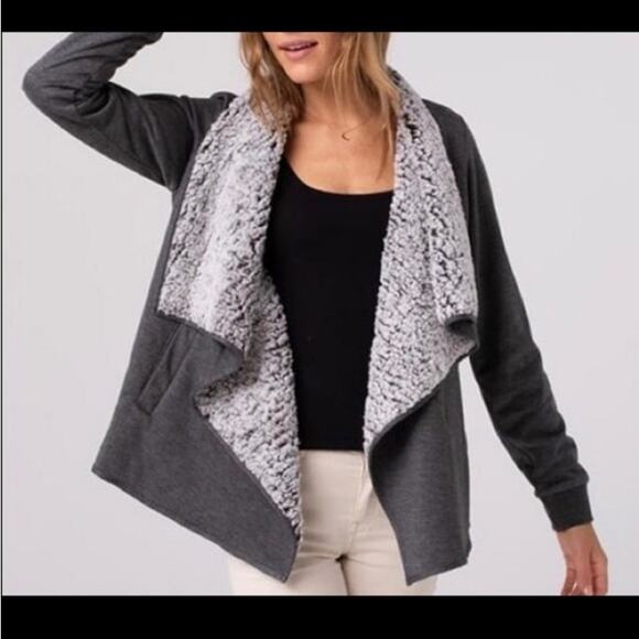 Thread & Supply, Size Small Dark Gray Sherpa-Lined Waterfall Sweatshirt Cardigan - Picture 1 of 7